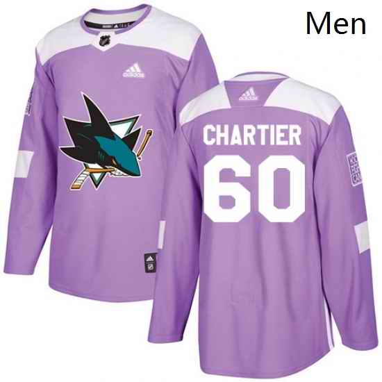 Mens Adidas San Jose Sharks 60 Rourke Chartier Authentic Purple Fights Cancer Practice NHL Jersey